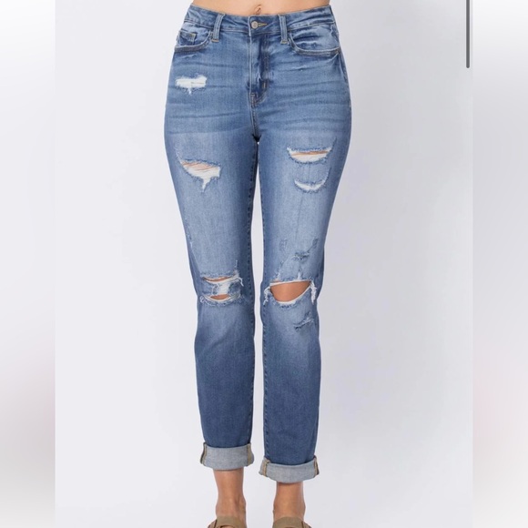 Judy Blue Denim - Judy blue plus size 24 boyfriend light blue denim jeans 88404 High Waist Destroy
